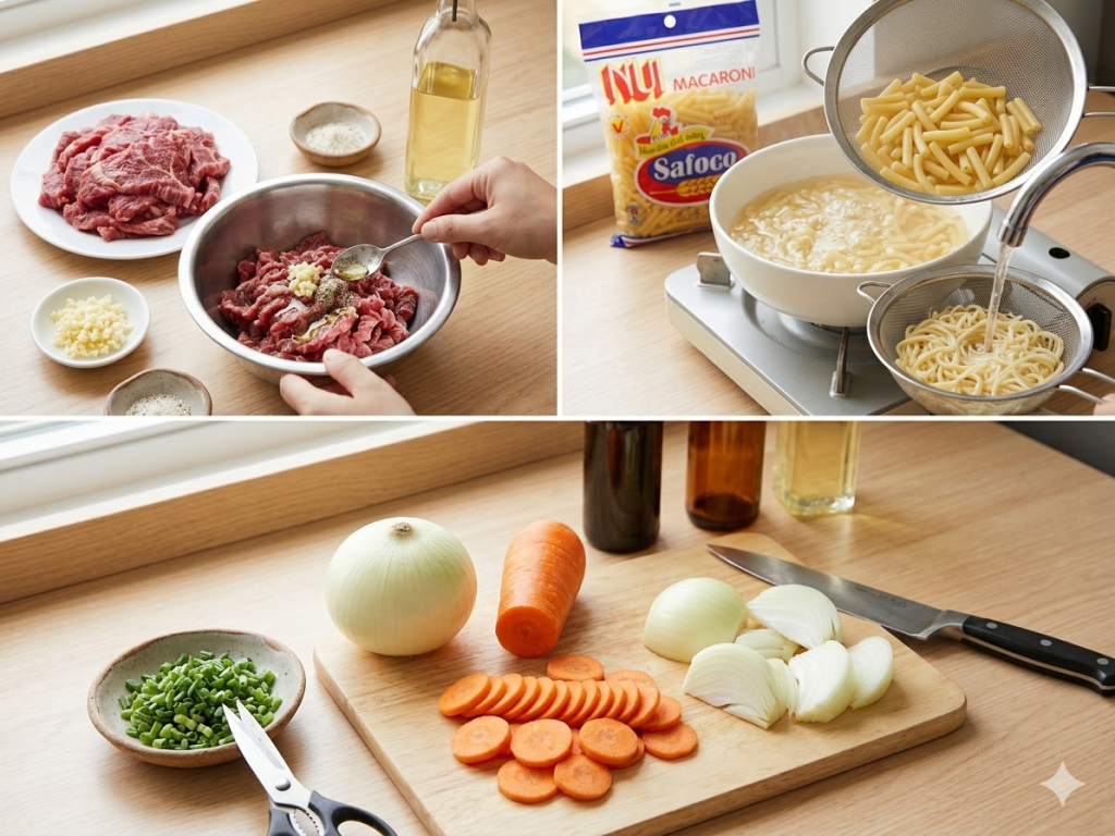 Sơ chế nguyên liệu làm nui xào bò